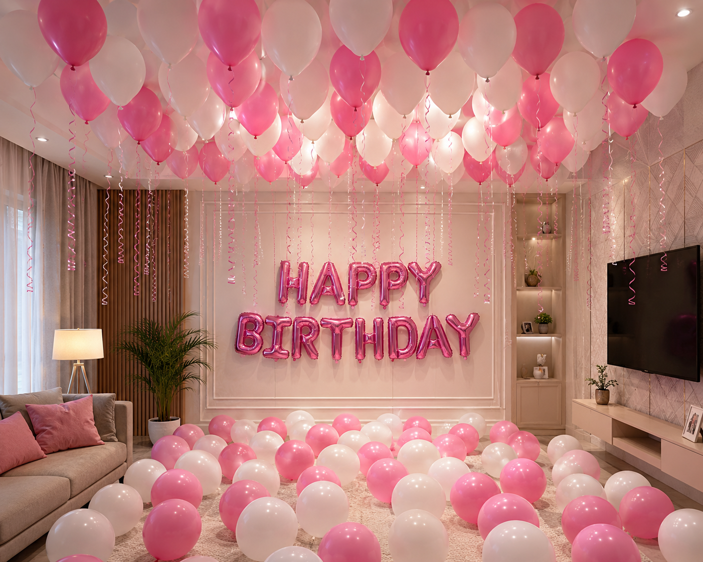 Pink And White Birthday Decoration — full decoration setup in Aligarh by NRRL